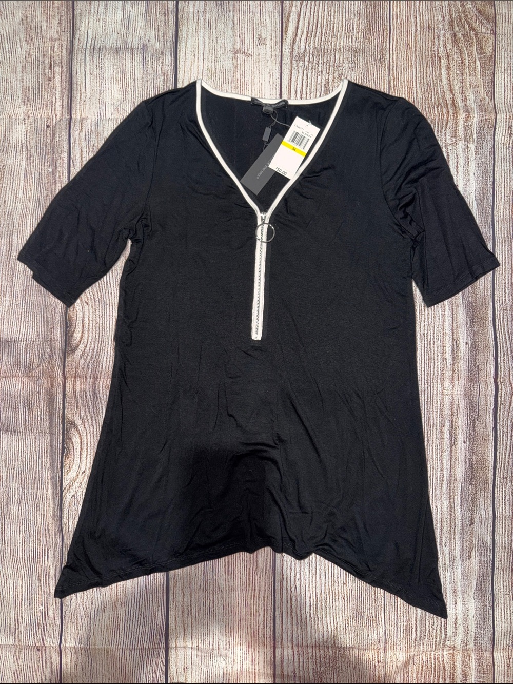 Cable & Gauge Black Short-Sleeve V-Neck Top with White Zip Trim